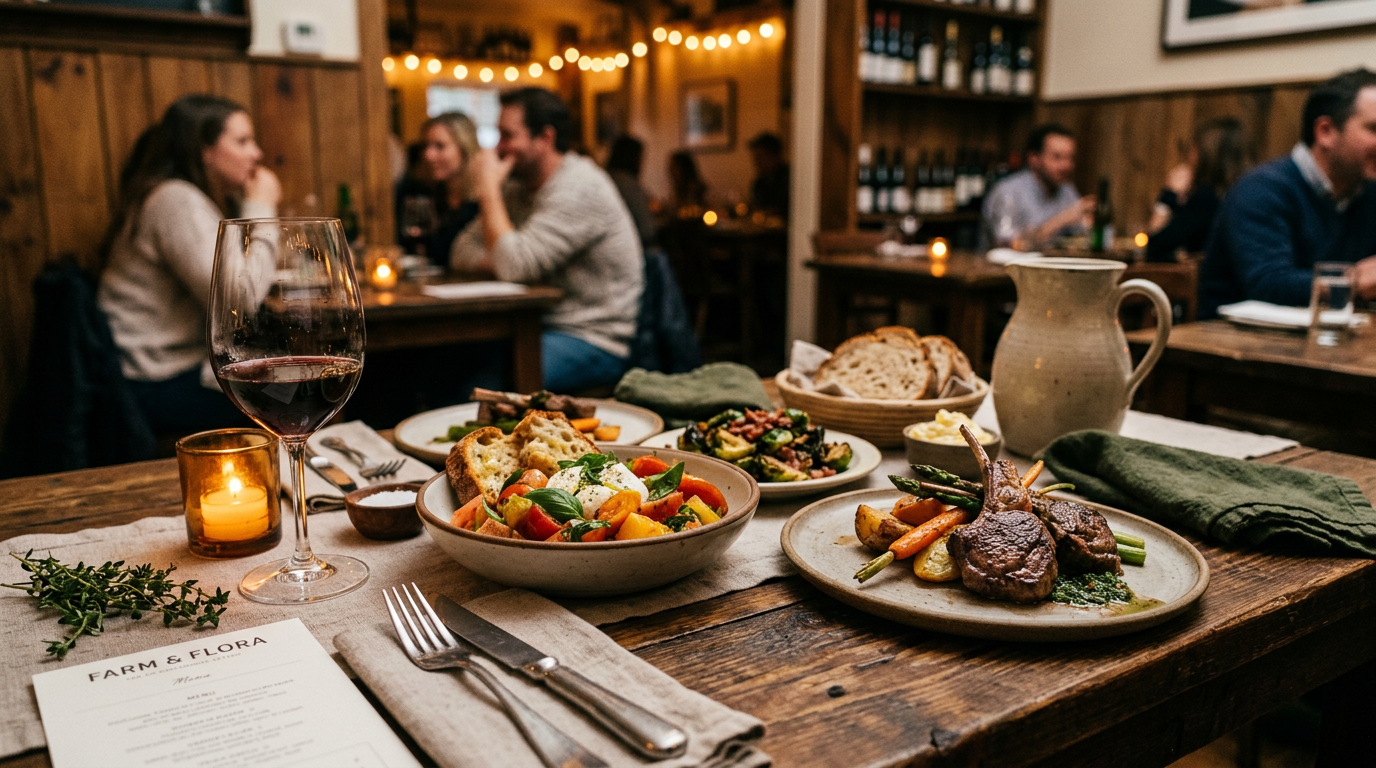 Warm rustic table setting at Harvest Table with seasonal dishes