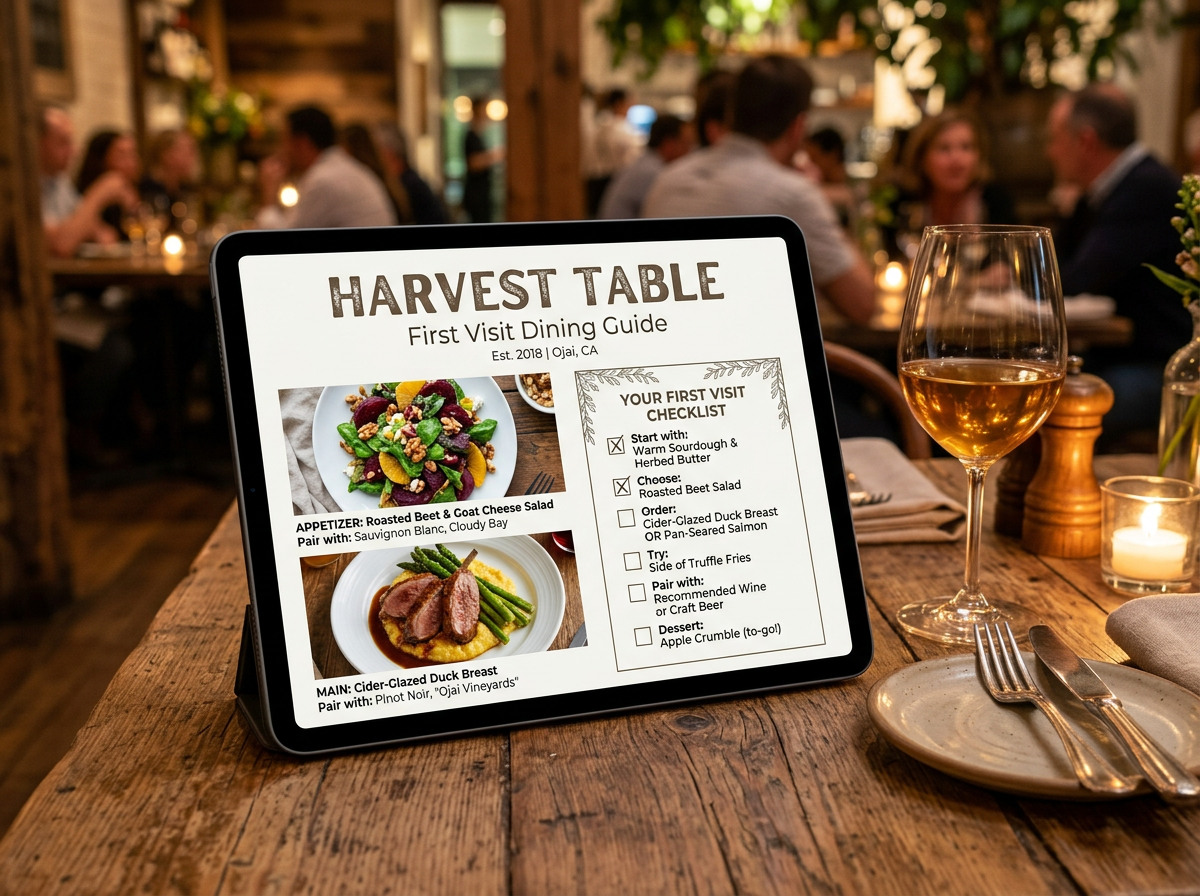 Digital First Visit Dining Guide from Harvest Table shown on a tablet